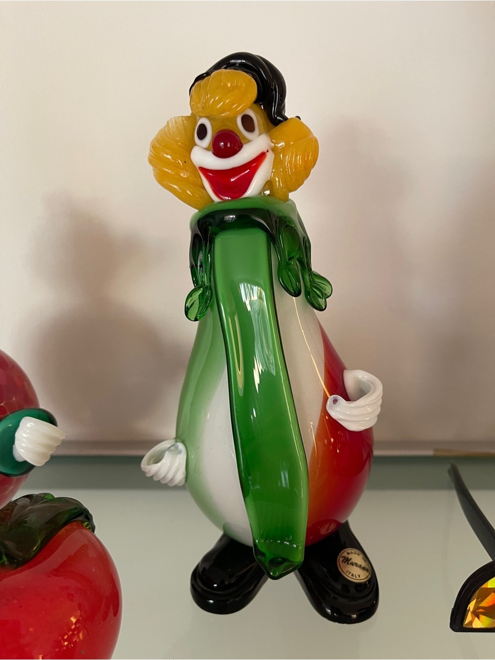 Murano Multicolor Handblown Glass Clown Figurine in Green, Red, Yellow and White